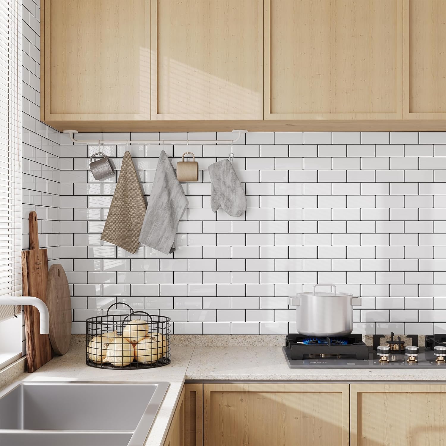 Plus Épais Credence Adhesive pour Cuisine, Carrelage Adhesif Mural Salle de Bain, Crédence Style Métro Blanc 3D, 10 Pièces 10 Blanc avec Joint Noir