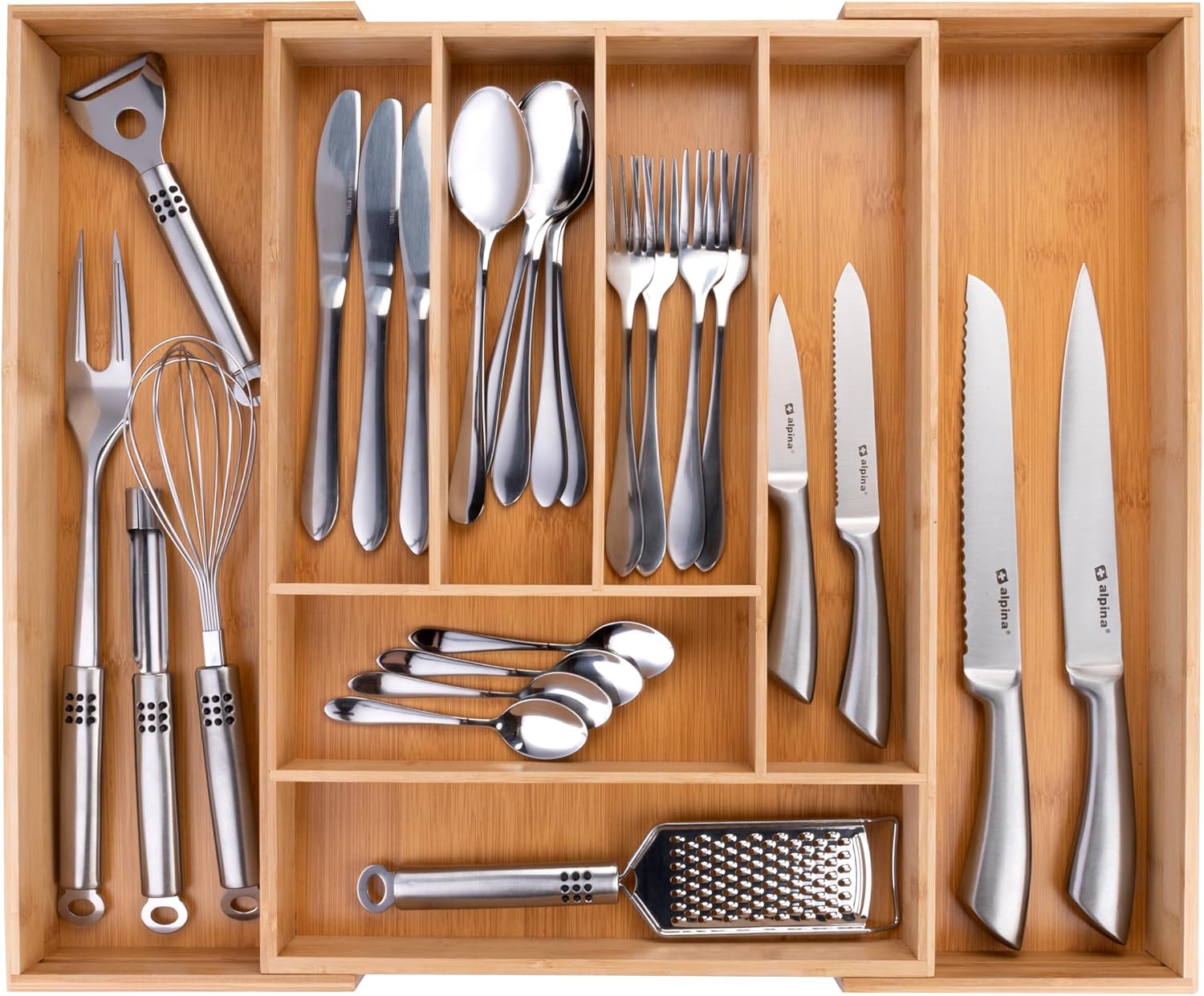 Range Couverts pour Tiroir - Organisateur Tiroir Cuisine Extensible 46x34-56,5x6 cm - Rangement Couvert avec 6 à 8 Compartiments - Pour Ustensiles, Lunettes de Soleil et Plus - Bambou