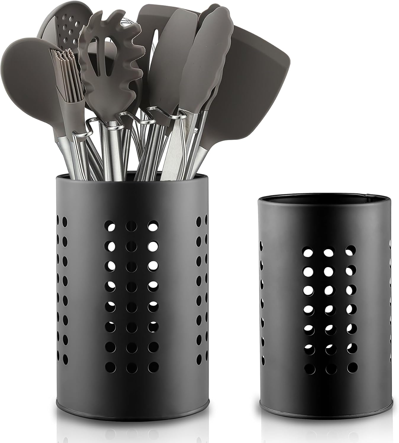 Porte-ustensiles de cuisine pour comptoir de cuisine 2 pièces, porte-couverts en acier inoxydable noir, organisateur de comptoir de cuisine à domicile de style campagnard Kitchen Essentials