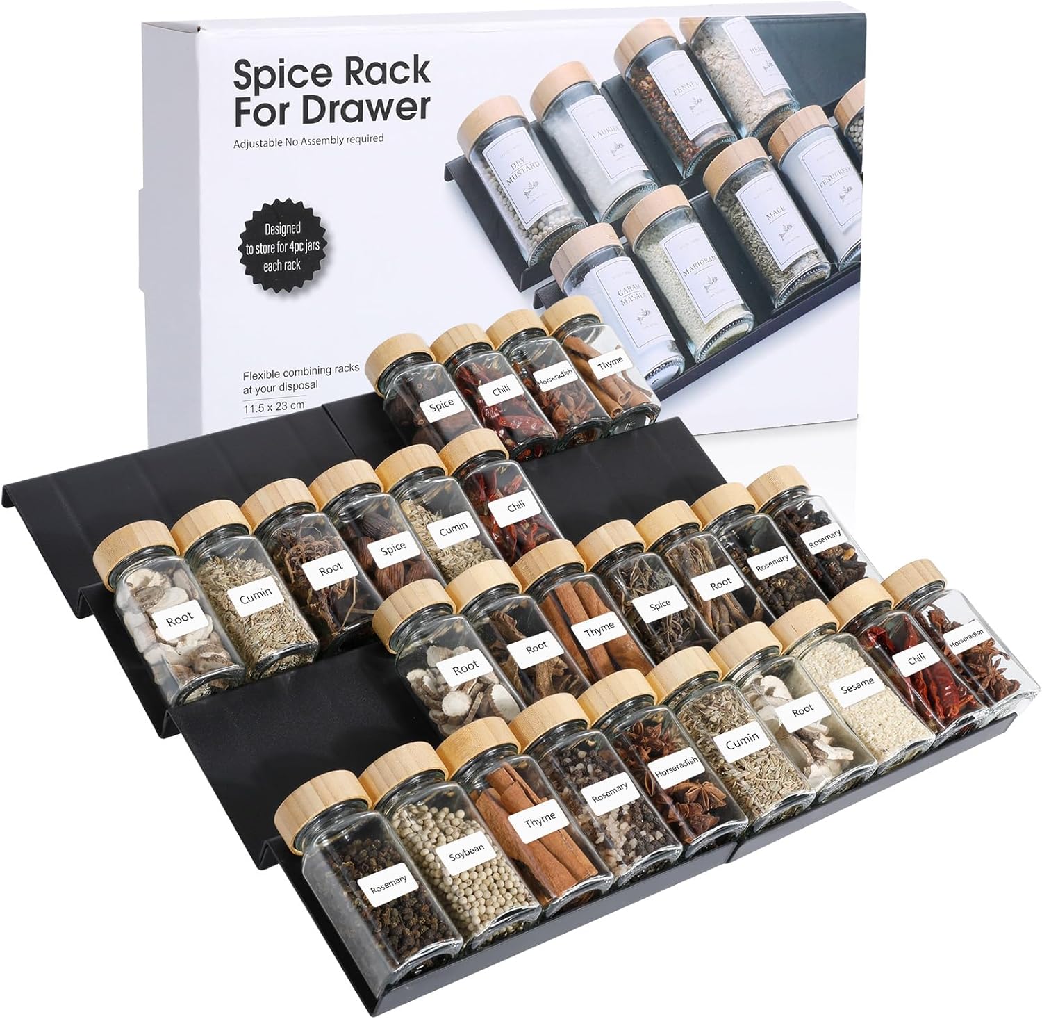 AiQInu Rangement Epices Cuisine 8PCS, Extensible de 23cm à 46cm Rangement Epices Tiroir, Insert de Tiroir à Épices, Ajustable pour Placards et Tiroirs - Pour Sel, Épices, Vitamines Noir