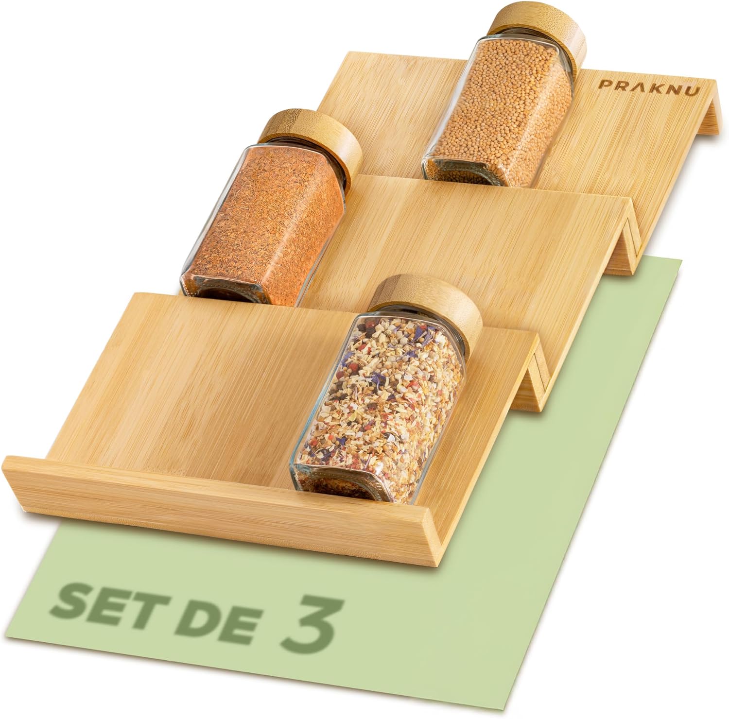 Étagère à Épices pour Tiroirs - 3 Organisateur Porte Épices pour 12 pots d'épices (19×13x3cm) Antidérapant - Rangement Cuisine Couleur Bois Porte Épices pour Différentes Tiroir