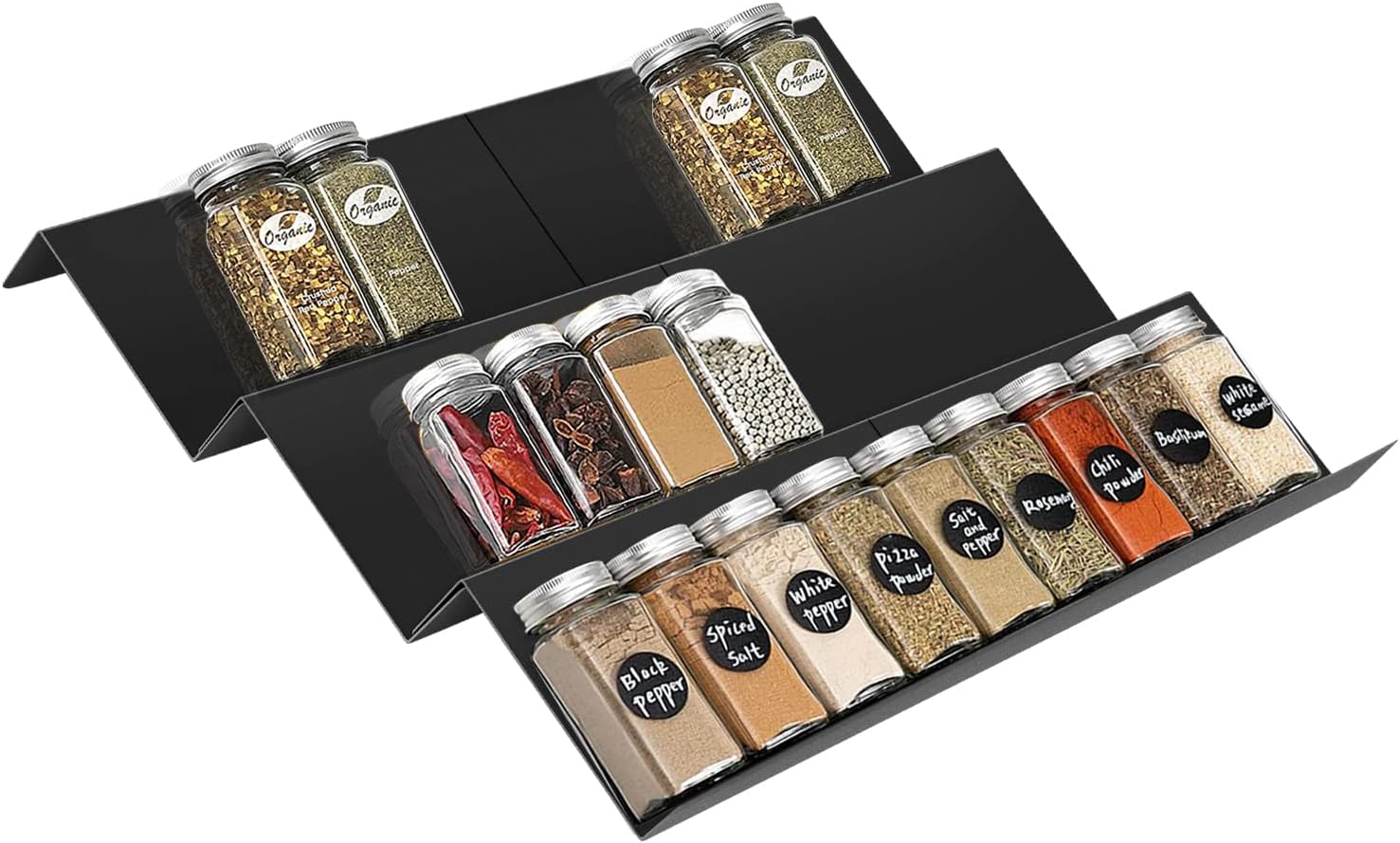 Étagère à épices, tiroir à épices, tiroir extensible de 23 cm à 46 cm, en acier au carbone, étagère à épices avec 3 niveaux, organiseur de cuisine, tiroir, système de rangement
