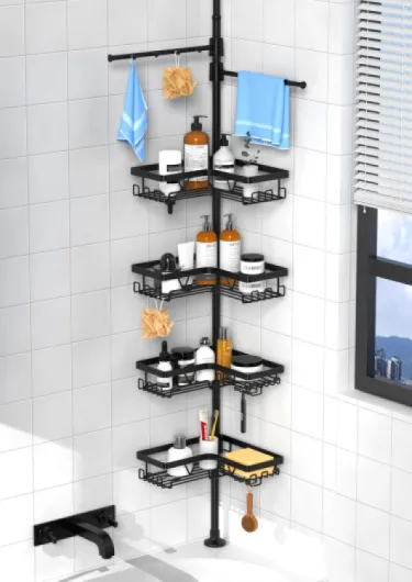 Kegii Etagere Douche avec Porte Serviette - Etagere Douche Angle Telescopique Organisateur Salle de Bain Support Savon Crochet Douche(Noir, Inox) Etagere Douche avec Porte Serviette Noir