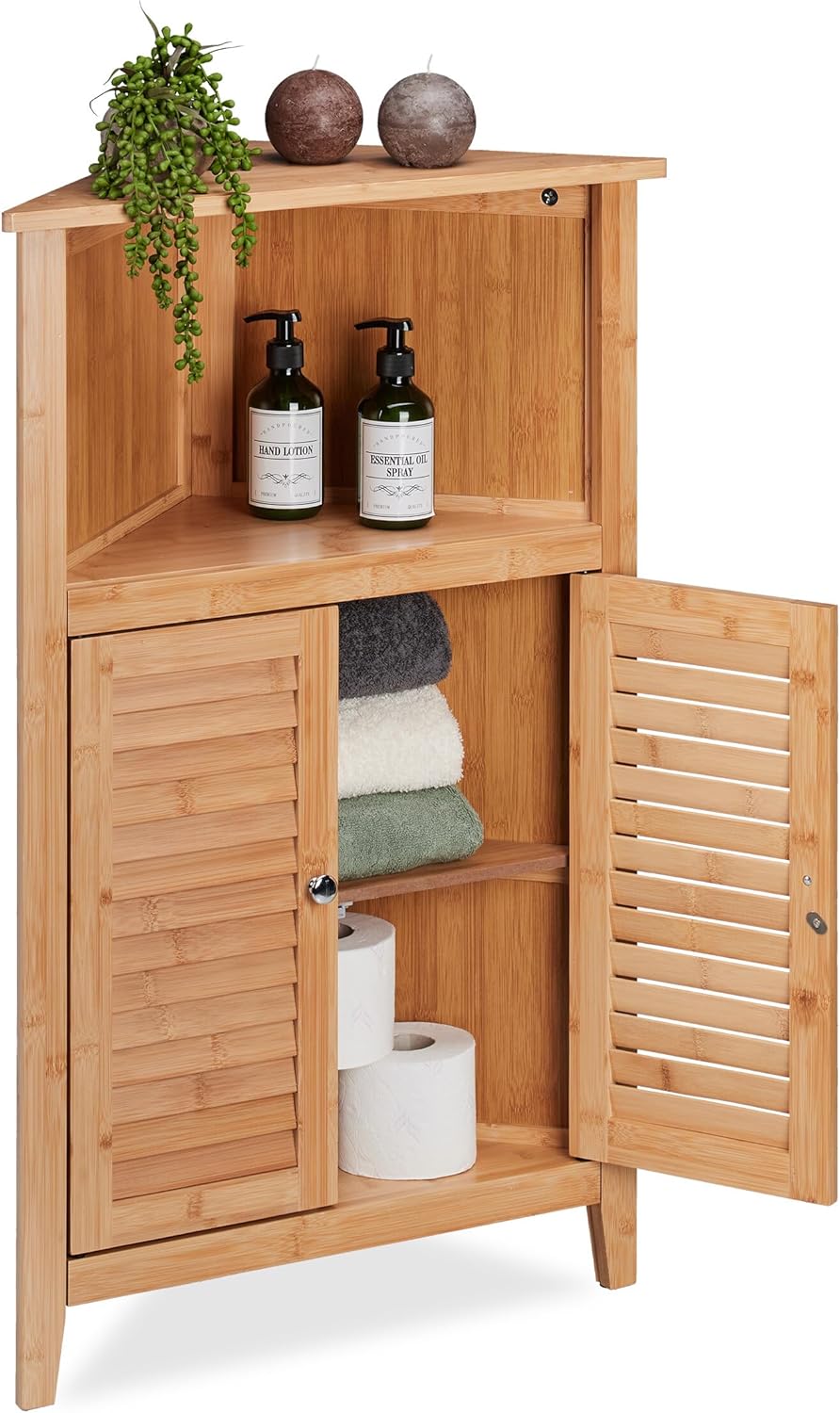 Meuble d’Angle, Bambou, HxLxP: 92x58x30 cm, Rangement pour Salle de Bain avec 2 Portes à lamelles, Nature