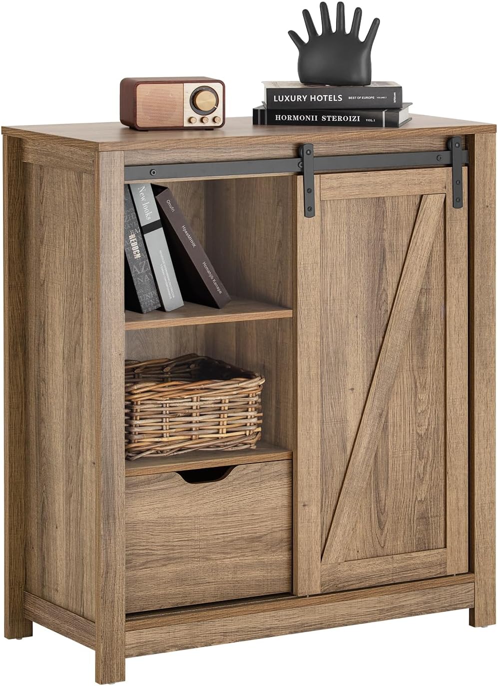 Armoire à Chaussures Commode à Chaussures Meuble Colonne Meuble Bas Placard de Rangement Commode avec Porte de Grange Coulissante, 80x35x91 cm, FSB59-BR Marron