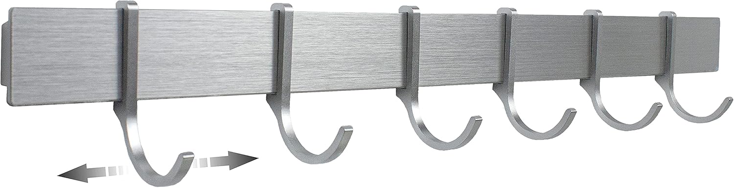 Design Hambourg Rail À Crochets, Barre Ustensiles Cuisine Mural Auto-Adhésif, Crochet Métal - Crochets De Cuisine Sans Perçage - 6 Crochets Inox Mobiles - 40cm - Design Moderne argenté gris Gris Argenté