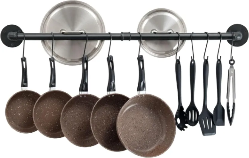 OROPY Barre de Cuisine Industrielle, Porte-Casseroles Mural de Suspension 100cm, 14 Crochets pour Ustensiles Support de Pot en Acier Inoxydable - Noir Étagère de Bar-noir