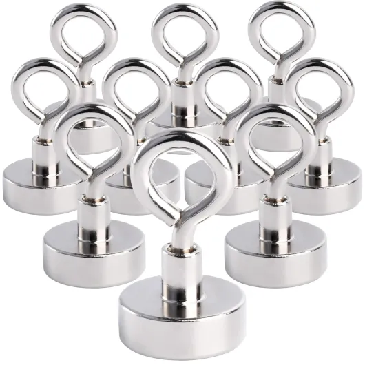 MIN CI Lot de 10 crochets magnétiques extra puissants en néodyme de 20 mm - Force de traction 10 kg - Avec crochet - Support magnétique rond - Pour camping, garage, cuisine, bureau 20mm 10pcs
