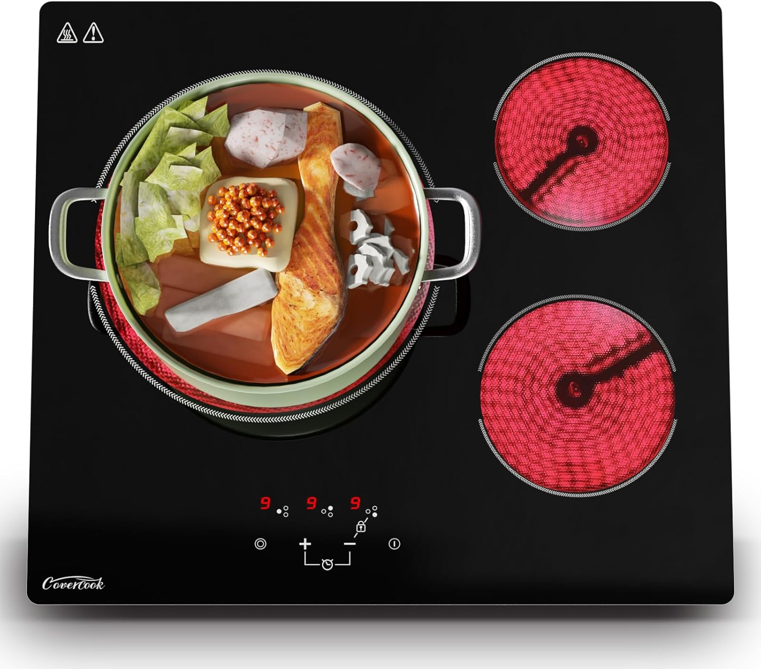 Plaque induction 3 feux cuisinière électrique 60 cm puissance totale 5400W avec commandes tactiles sécurité intégrée timer électronique pour cuisson précise et flexibilité de cuisine, Noir