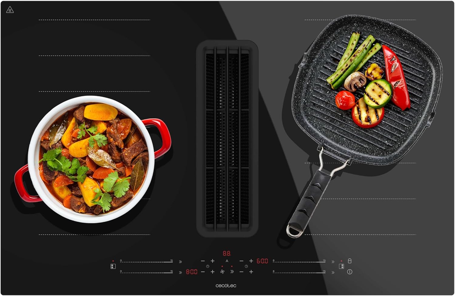 Table de Cuisson à Induction 2 Feux avec Hotte Intégrée Bolero Squad IH 4800 FullFlex80 - 7400W, 15 Niveaux, Faible Consommation d'Énergie, Minuterie, Commande Tactile, Filtres à Charbon Full Flex 80cm