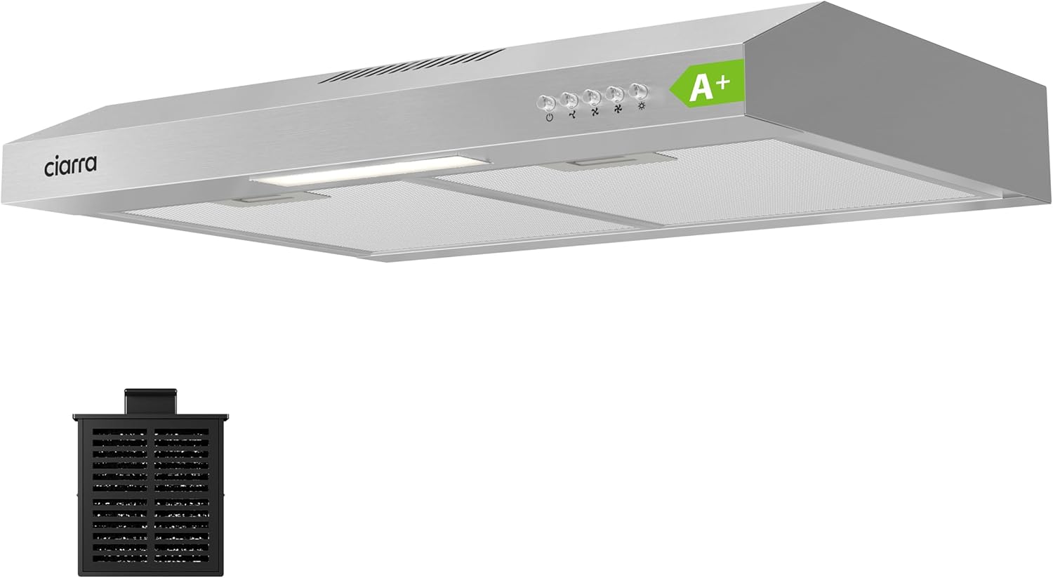 Hotte Aspirante 60cm Classe A+ - 220 m³/h - Hotte Casquette Engastrable - Évacuation ou Recyclage - Filtre au Charbon Inclus - Éclairage LED - Inox - CBCS6903D Classe A+ -Inox