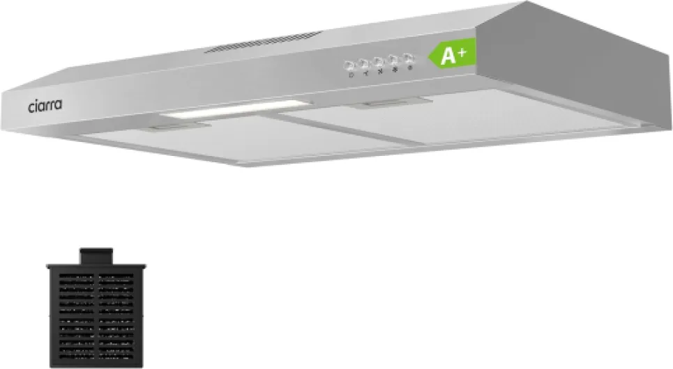 Hotte Aspirante 60cm Classe A+ - 220 m³/h - Hotte Casquette Engastrable - Évacuation ou Recyclage - Filtre au Charbon Inclus - Éclairage LED - Inox - CBCS6903D Classe A+ -Inox