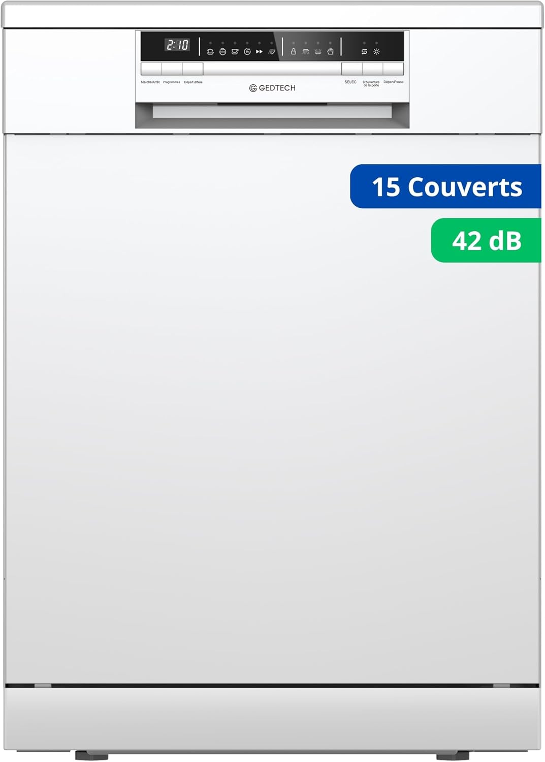 Lave-vaisselle GLV1542WH 15cv - Tiroir à couverts - 42 dB - Ultra silencieux - Départ Différé - Eco - Intensif - Rapide – Faible conso - Classe C - Blanc - Protection enfant Blanc 15 Couverts - 42 dB