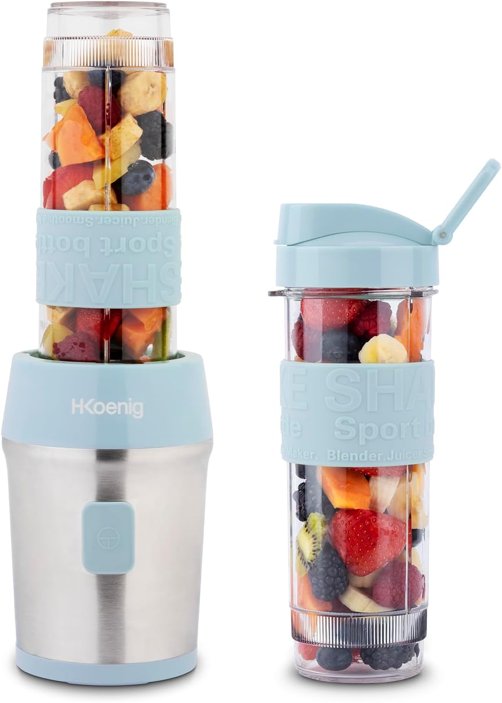 H.Koenig Mini Blender / Smoothie / Mixeur SMOO16 – 570mL, 300W, 4 Lames Inox, Sans BPA, 2 Bouteilles portables avec couvercles de voyage, Bleu Pastel