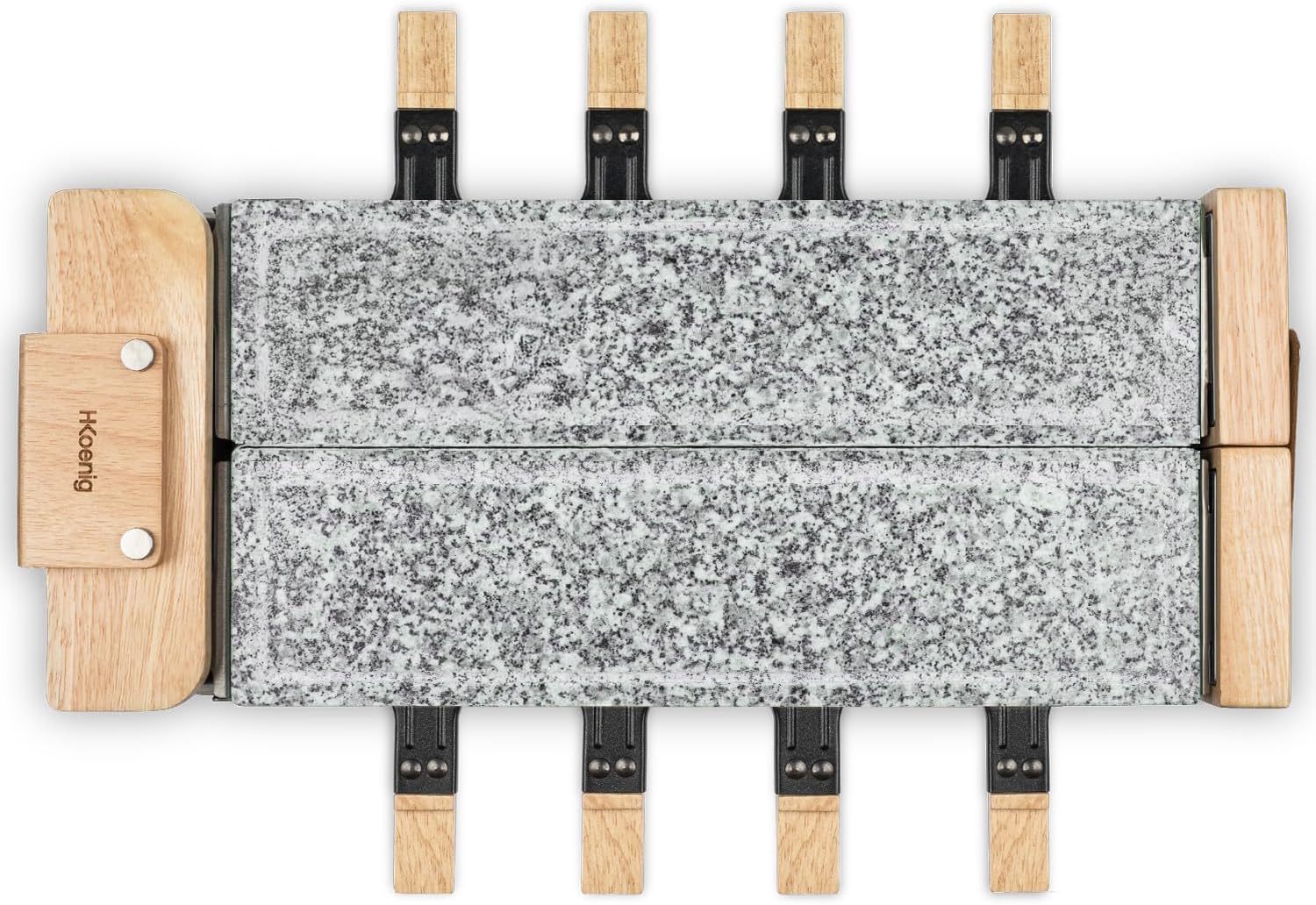 H.Koenig Appareil à Raclette 8 Personnes WOD362, Fromage, Fondue, Double Pierre de cuisson, Granit, Bois Naturel, Socle Pivotant à 180°, Plaques Amovibles, 8 Poêlons Antiadhésifs et 8 Spatules, 1400 W 8 personnes Double pierre granit