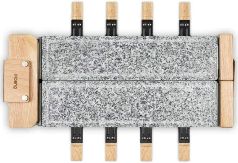 H.Koenig Appareil à Raclette 8 Personnes WOD362, Fromage, Fondue, Double Pierre de cuisson, Granit, Bois Naturel, Socle Pivotant à 180°, Plaques Amovibles, 8 Poêlons Antiadhésifs et 8 Spatules, 1400 W 8 personnes Double pierre granit