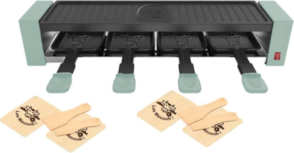 8943 Raclette 4 Meuuuh...!, Appareil à raclette, Jusqu'4 personnes, Grill amovible, 4 spatules + 4 planchettes Meuuuh, Sans PFAS, Antiadhésif, 800W, Sapin