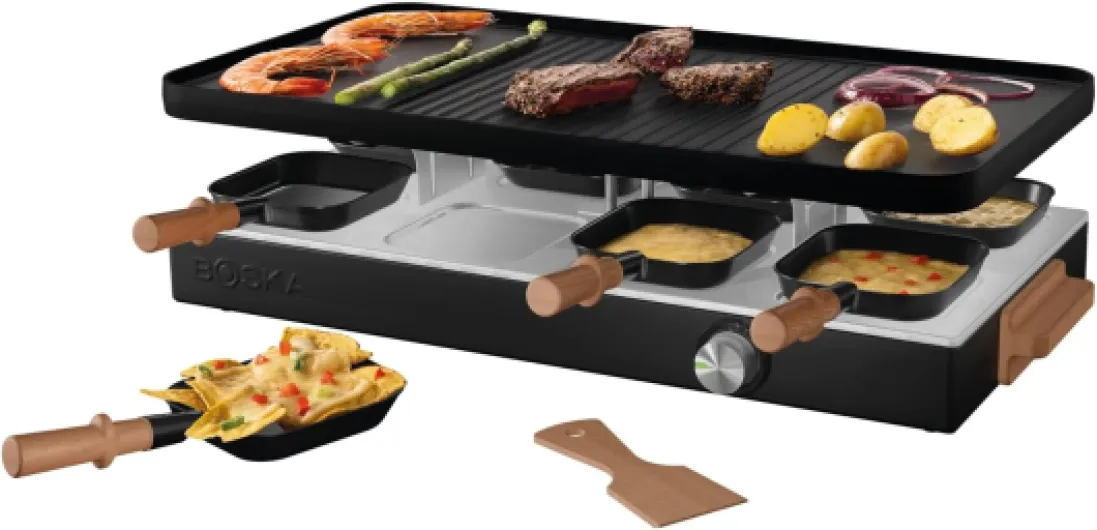Raclette Party – Appareil à raclette pour 8 personnes – Sans PFAS – Plaque en céramique – Poignées en bois de hêtre – Plaque en aluminium réversible – Noir