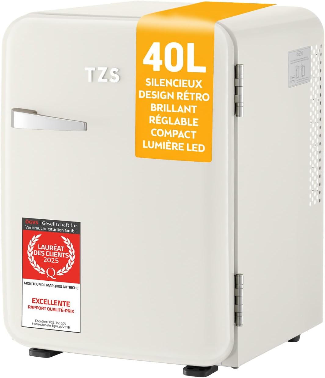 TZS First Austria - Mini Réfrigérateur Rétro 40L silencieux - Petit Minifrigo design vintage avec lumière intérieure et 2 compartiments de porte - Minibar pour camping, bureau, chambre & hôtel - Crème 40 litres Crème