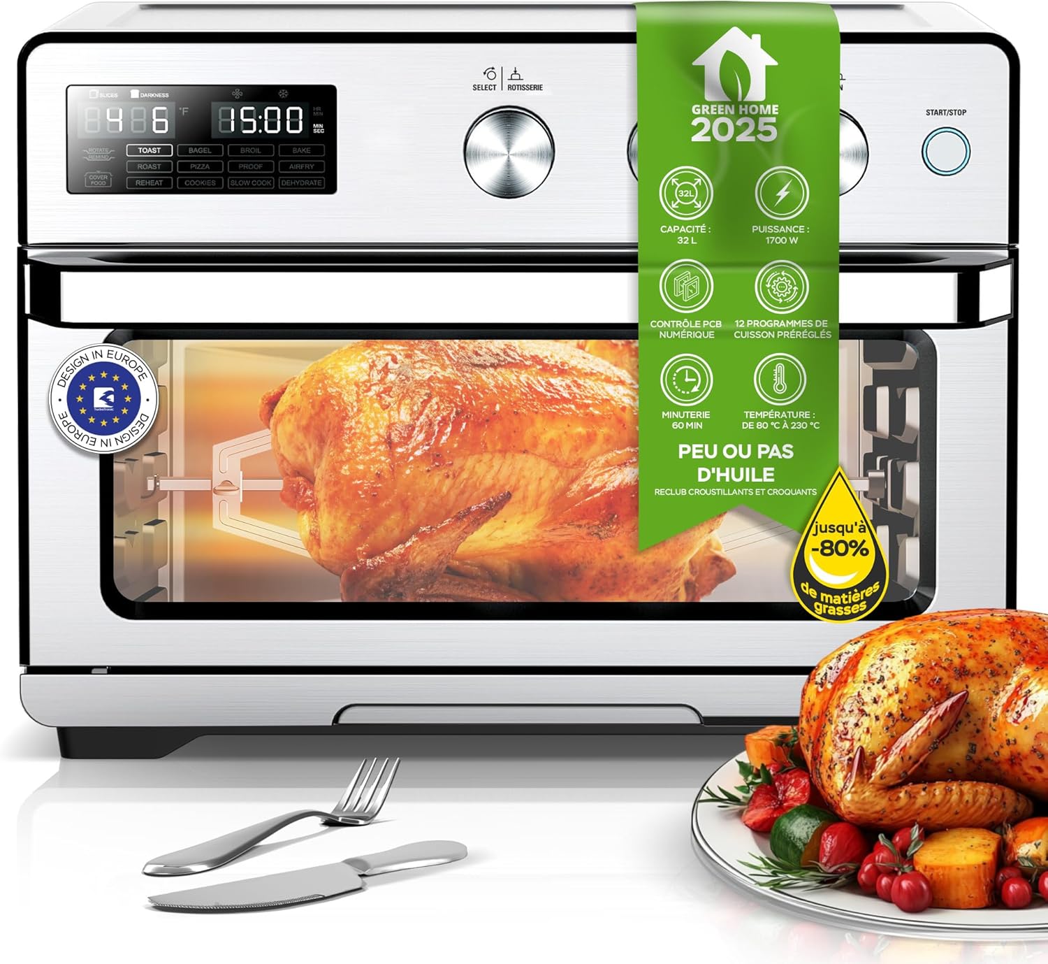 TurboTronic Four à Friteuse à Air, Horno de Aire Caliente Digital XXL 32L con Asador, 5 en 1 Mini Horno y Airfryer, Perfecto para Pollo, Deshidratador y Freidora sin Aceite Argent