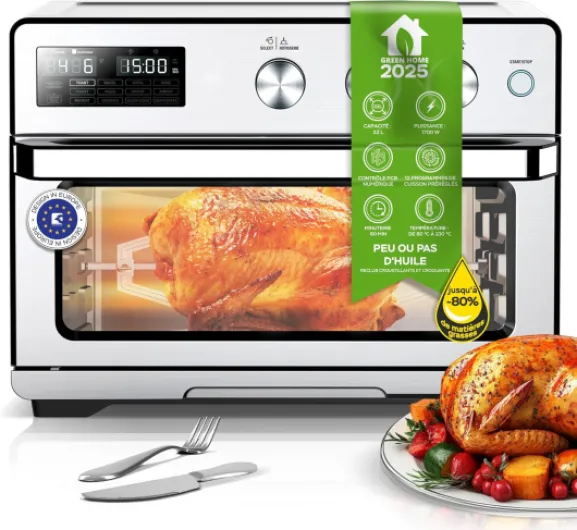 TurboTronic Four à Friteuse à Air, Horno de Aire Caliente Digital XXL 32L con Asador, 5 en 1 Mini Horno y Airfryer, Perfecto para Pollo, Deshidratador y Freidora sin Aceite Argent