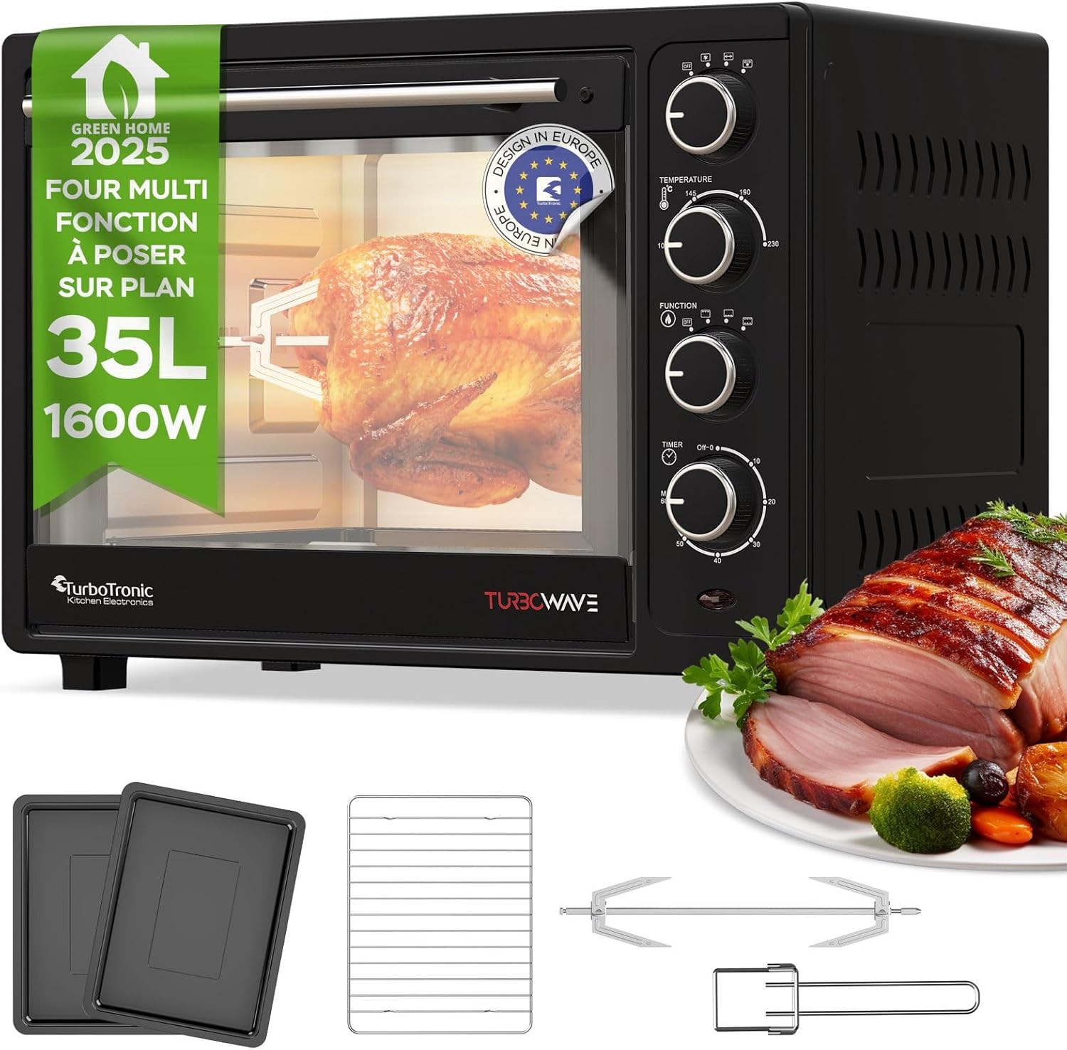 TurboTronic Mini Four à Convection avec Rôtissoire, 35L, 1600W – Four Compact Multifonctions Idéal pour Pizza, Camping et Cuisine Maison, Inclus 2 Plaques de Cuisson