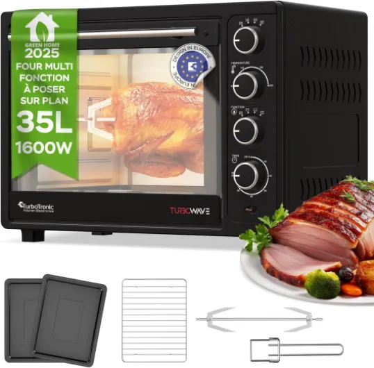 TurboTronic Mini Four à Convection avec Rôtissoire, 35L, 1600W – Four Compact Multifonctions Idéal pour Pizza, Camping et Cuisine Maison, Inclus 2 Plaques de Cuisson