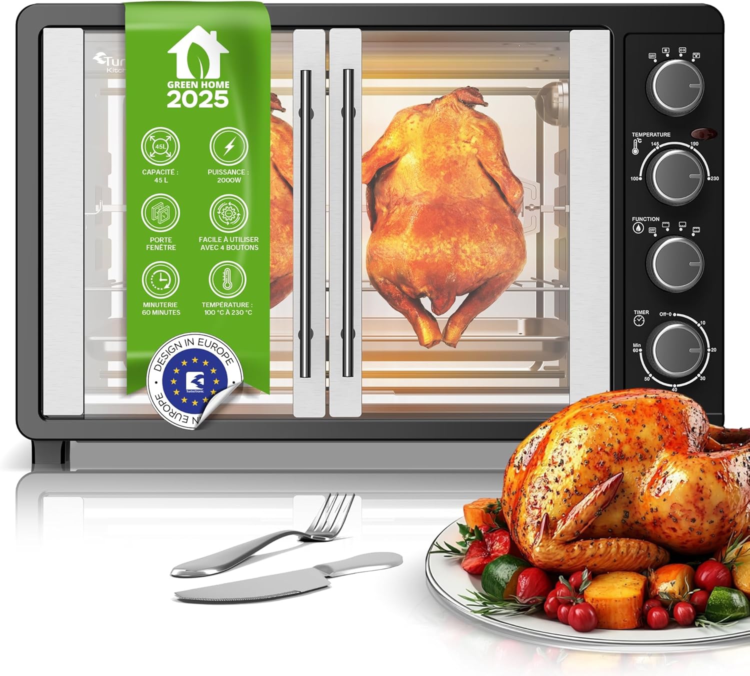 TurboTronic Mini four à chaleur tournante, 45 l, noir, 2000 W, tournebroche, minuterie, mini four, plaque de cuisson, éclairage intérieur