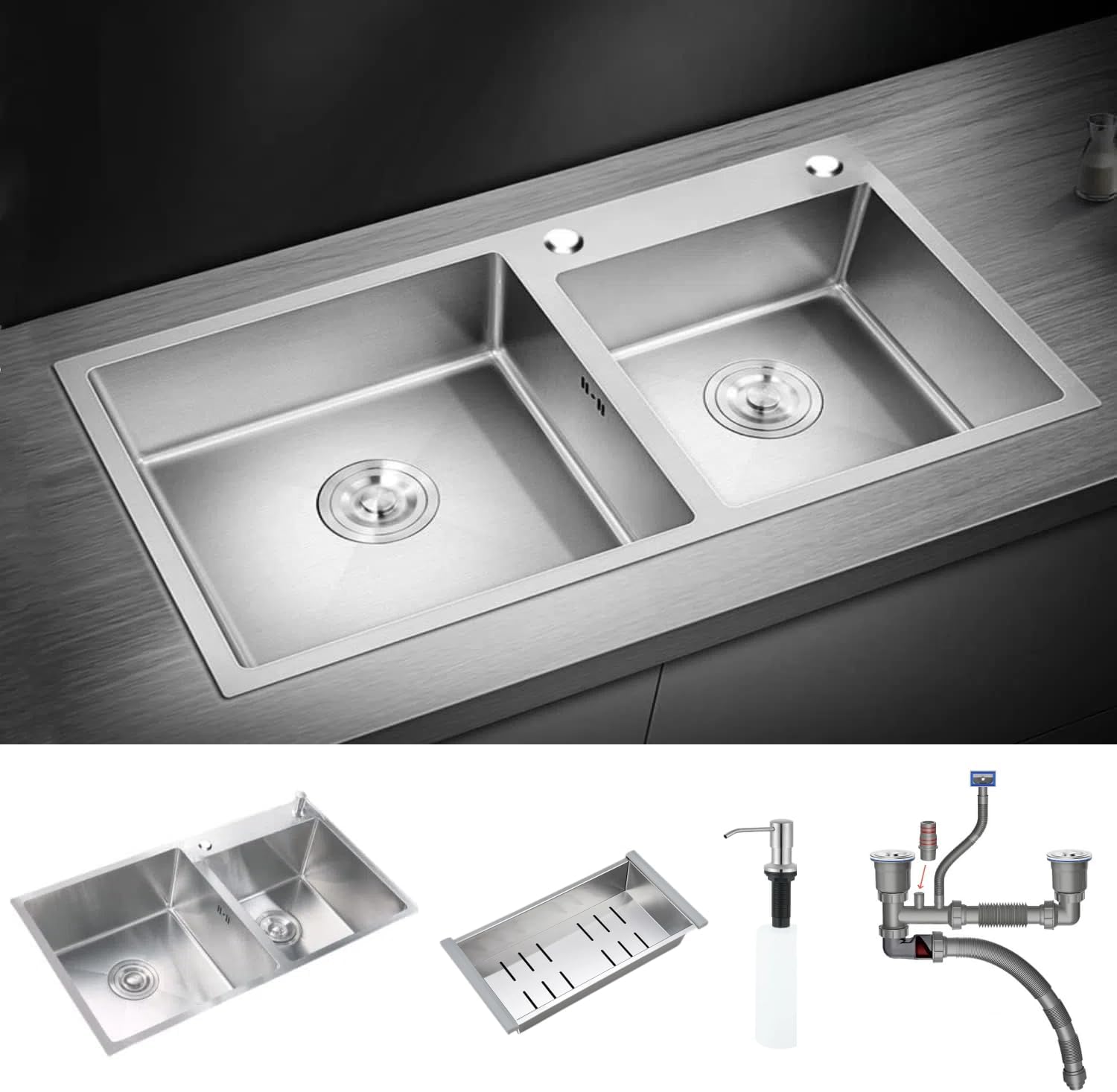 Evier de Cuisine en Acier Inoxydable Évier Double Bac avec 2 Trous de Montage Evier de Cuisine Kit, 78 * 43 * 20 cm (Argent)