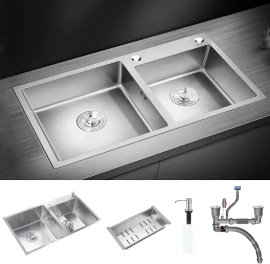 Evier de Cuisine en Acier Inoxydable Évier Double Bac avec 2 Trous de Montage Evier de Cuisine Kit, 78 * 43 * 20 cm (Argent)