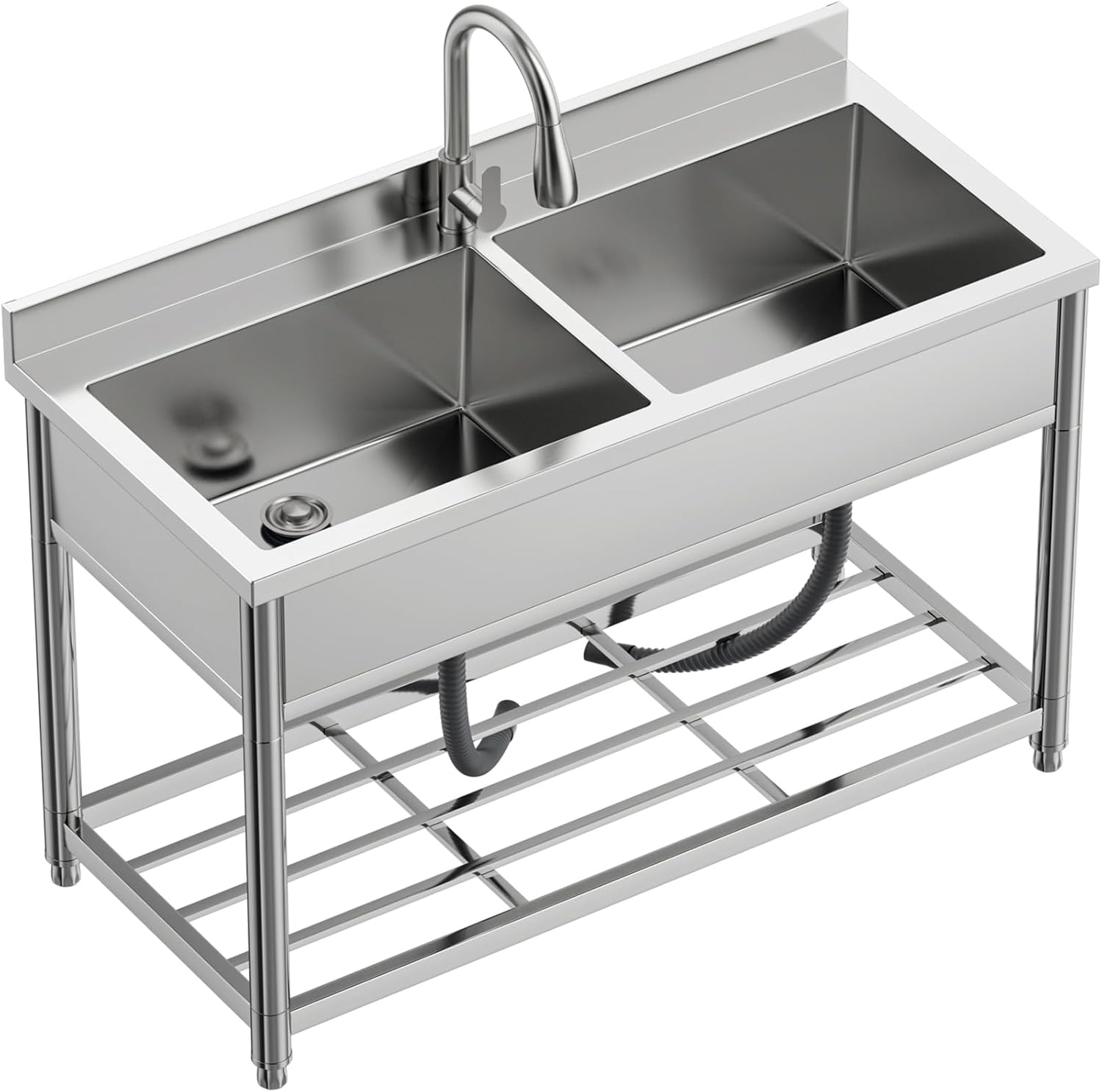 Évier Autoportant en Acier Inox 2 Bacs, Évier de Cuisine Commercial avec Robinet Extensible, Évier Professionnel pour Extérieur, Cuisine, Garage et Restaurant, 55P x 120L x 94H cm