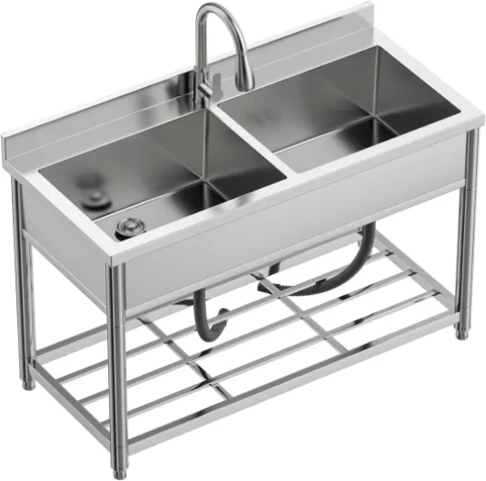 Évier Autoportant en Acier Inox 2 Bacs, Évier de Cuisine Commercial avec Robinet Extensible, Évier Professionnel pour Extérieur, Cuisine, Garage et Restaurant, 55P x 120L x 94H cm