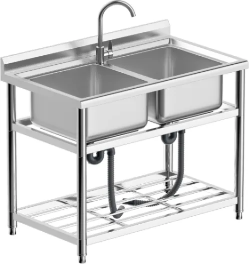 Évier Professionnel Inox 2 Cuves, 110 cm Evier Inox sur Pied avec Robinet, Évier Utilitaire, Évier Autoportant pour Extérieur, Cuisine, Garage, Buanderie, Restaurant, Jardin, 110 x 64 x 93 cm