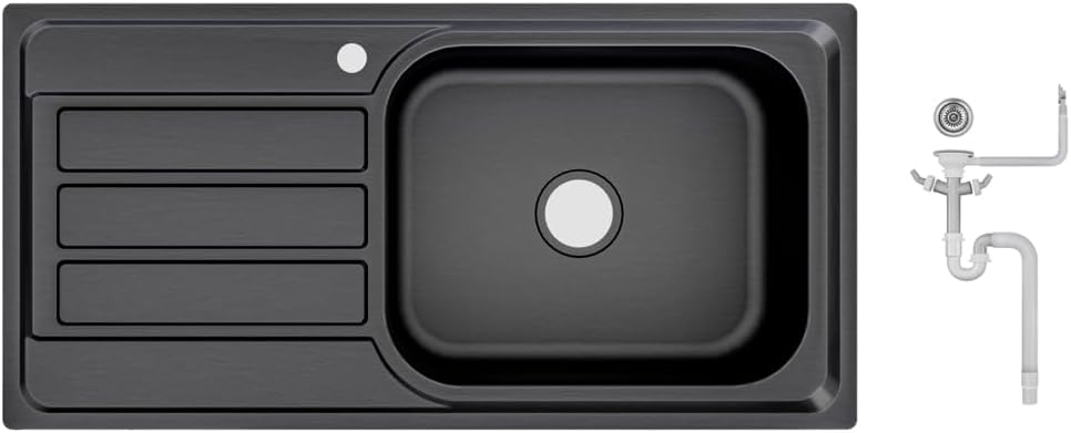 Preer-100x50x20, Évier de cuisine en acier inoxydable 304, épaisseur 0,8 mm, XXL Bac 50x40 cm, 1 bac, rectangulaire, évier, égouttoir à gauche noir
