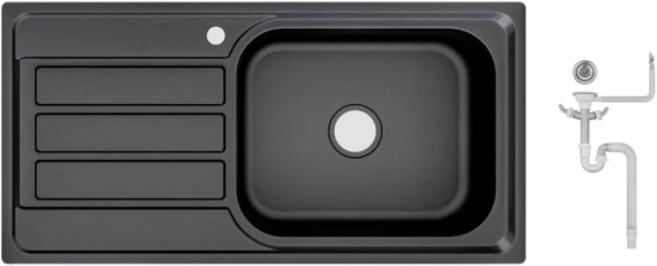 Preer-100x50x20, Évier de cuisine en acier inoxydable 304, épaisseur 0,8 mm, XXL Bac 50x40 cm, 1 bac, rectangulaire, évier, égouttoir à gauche noir