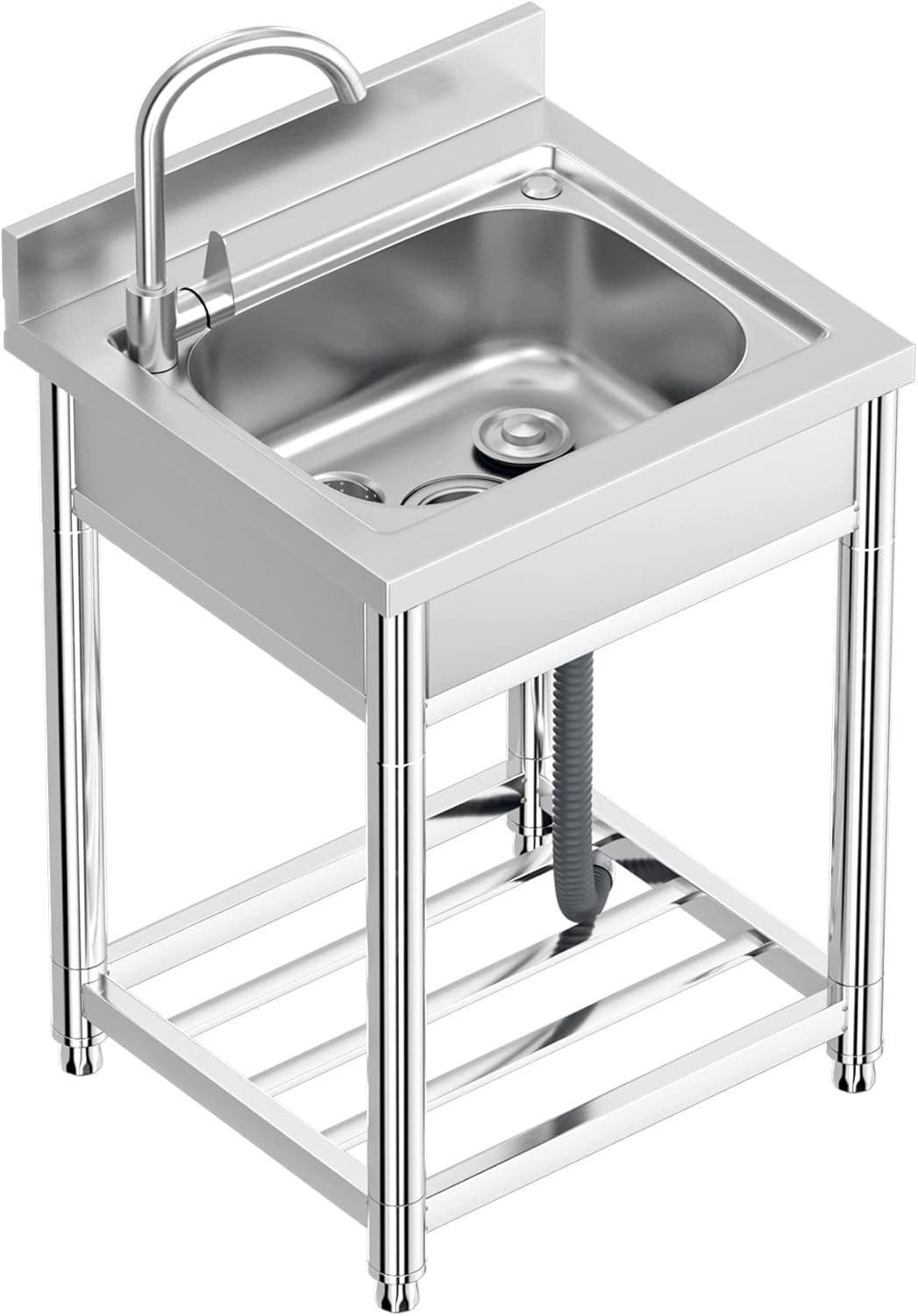 Évier Inox de Cuisine 1 Bac Professionnel, 55 x 50 x 94 cm Évier Inox Autoportant avec Robinet et Accessoires, Évier Extérieur et Intérieur, Plonge Inox pour Cuisine, Restaurant, Garage, Jardin