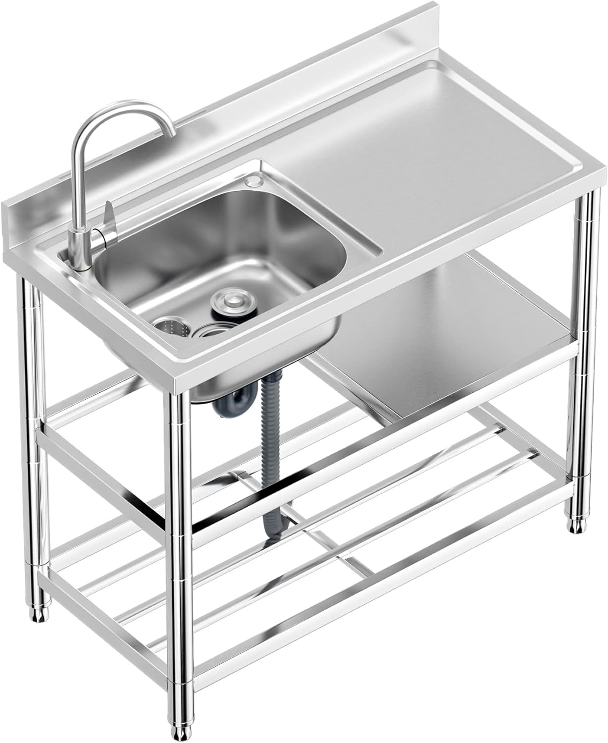 Évier Inox Professionnel 1 Bac avec Banc de Travail, 100 x 50 x 94 cm, Robinet, Extérieur Autoportant, Plonge Inox pour Cuisine, Restaurant, Garage, Jardin 100 cm