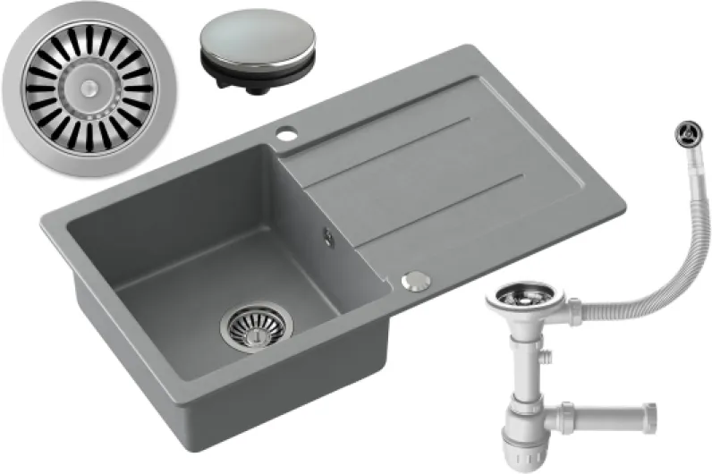 MyQ Evier en granit - Dimensions : 77 x 44 x 18,5 cm, Couleur : Gris - PARIS 11 Evier de cuisine Evier simple avec égouttoir et siphon manuel - pour armoires à partir de 50 cm Évier Gris