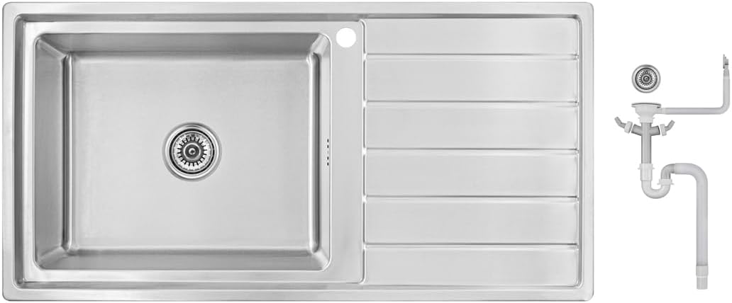 Preer-100x50x21,R20 Évier de cuisine en acier inoxydable 304, épaisseur 1,0 mm, XXL Bac 50x40 cm, 1 bac, carré, évier, égouttoir à droite