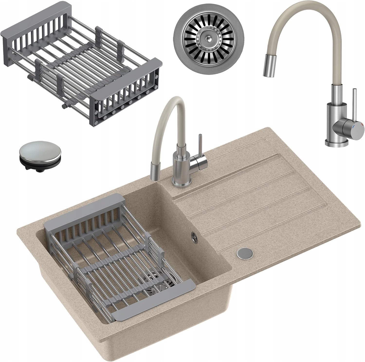 MyQ Evier - Dimensions : 77 x 44 x 17,5 cm, Beige - SEUL 11 Evier de cuisine Set : Evier en granit + Robinetterie de cuisine Missouri + Panier - Evier simple bac avec égouttoir Spülbecken + Küchenarmatur + Korb Beige