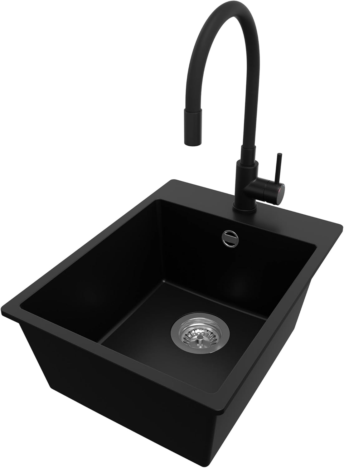 Evier Cuisine en Granit Noir 38x50cm, Lavabo 1 bac + Robinet 40x38cm + Kit de Vidage, Évier à Encastrer al mueble 40cm - Riga S017 4 - SetC 38x50x13 - Evier + Robinet 5170 1.1 - Noir/Chrome
