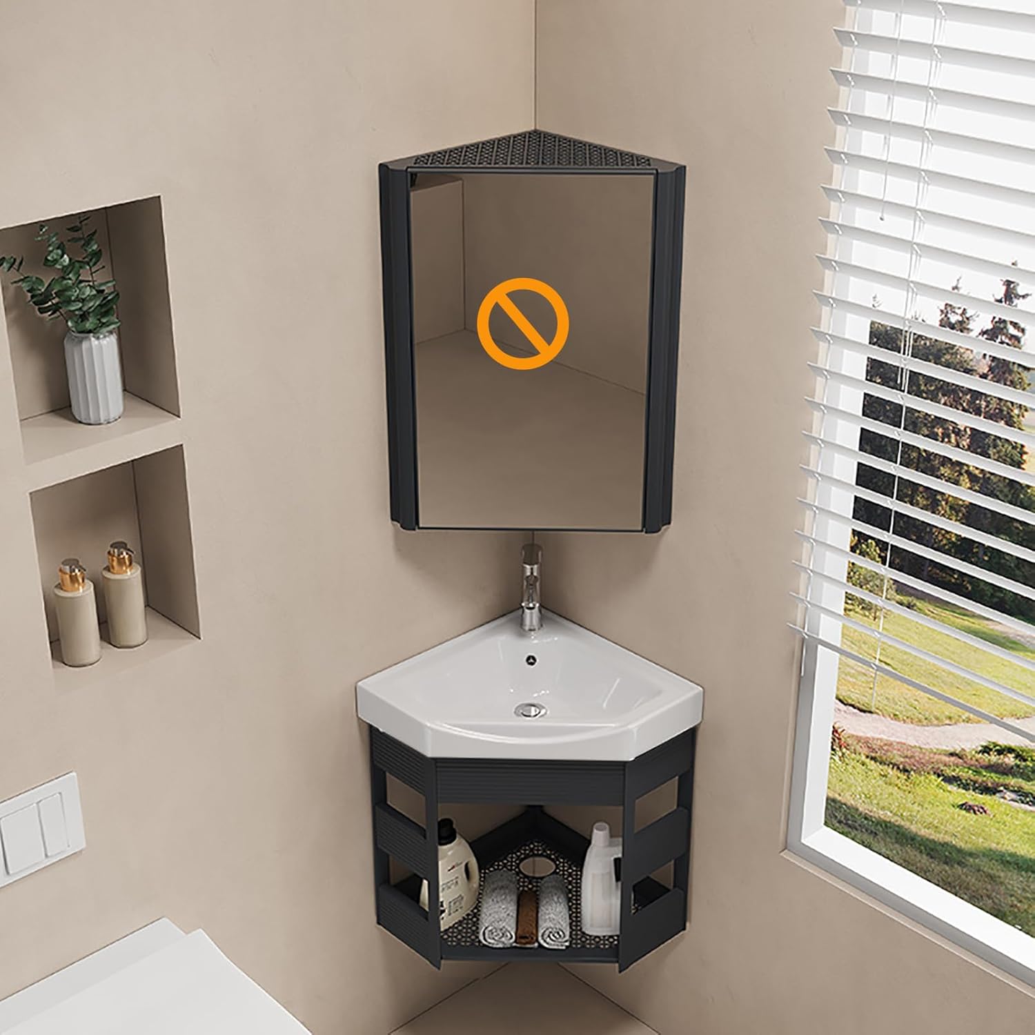 Évier de cuisine mural 43cm, évier d'angle cuisine noir, lavabo d'angle camping car, meuble lave main wc angle, meuble vasque angle pour Salle De Bain Vestiaire WC B 43x43cm Noir