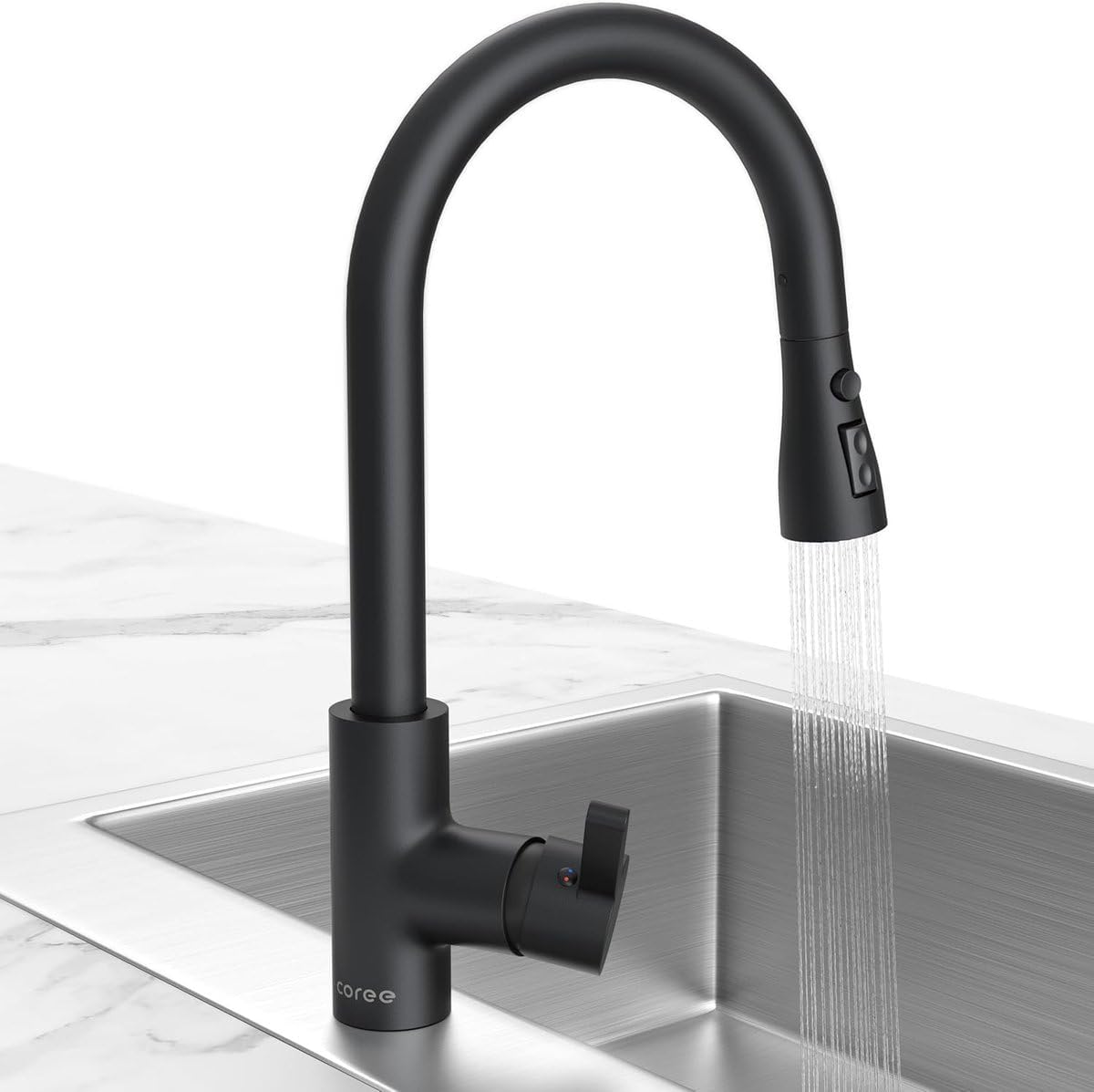 Robinet Cuisine Noir, Mitigeur Cuisine avec Douchette Pivotant à 360° d'Évier à Arc Élevé Pulvérisateur Escamotable de 3 Modes, Économe en Eau, Acier Inoxydable