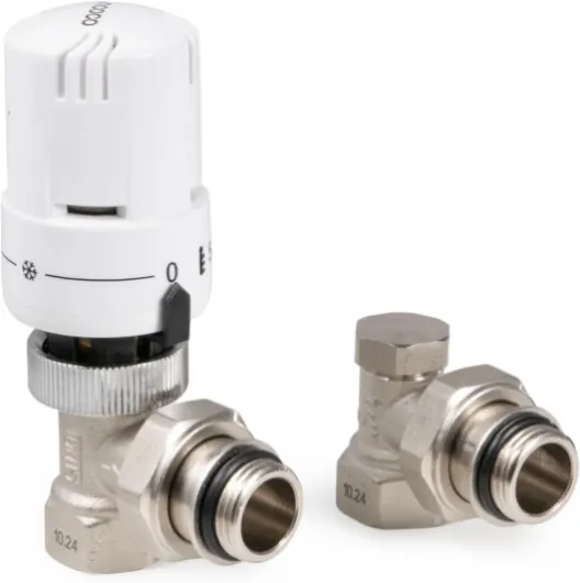 Robinet Thermostatique Radiateur et Coude de Réglage en équerre G1/2 (15×21) - Raccord étanche avec Joint 15/21 - Kit Thermostatique Radiateur Blanc - Protection Anti-Gel, Norme EN215 Raccord étanche avec Joint G1/2" Blanc+nickelé