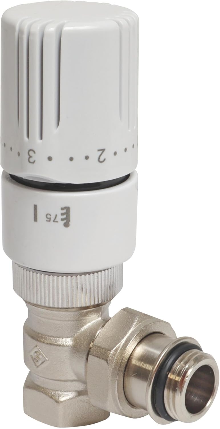 , Robinet thermostatique équerre 15/21, M30x15, réglable 5-29°C, raccord M1/2", joint torique intégré, compatible avec tous radiateurs 15/21, installation murale ou sol EQUERRE