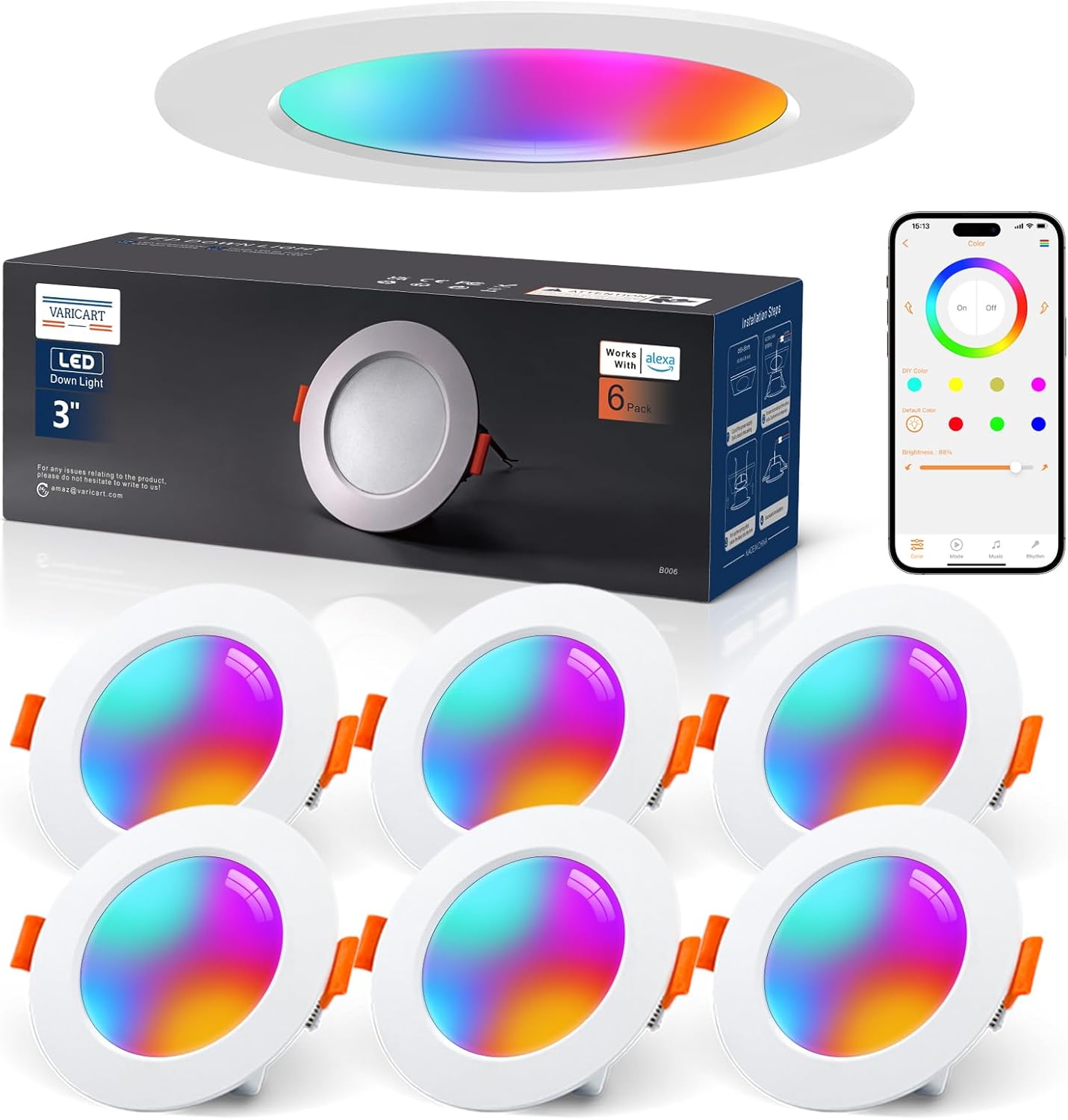 Spot LED Encastrable Dimmable Alexa, 7W RGB Smart Bluetooth Plafond Encastré Multicouleurs 2700K-6000K 660 Lumen, Connecté pour de Nombreuses Scènes, Contrôle APP Blanc 7 W, ouverture Ø68-85 mm