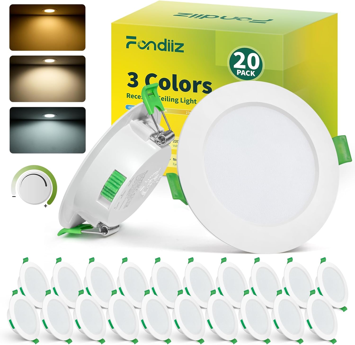 Lot de 20 Spot LED Encastrable 68mm, Spot Dimmable LED 5W Blanc Chaud 2700K Blanc Neutre 4000K Blanc Froid 6000K Réglable, spot Salle de Bain IP44 pour Salon Cuisine, Rond