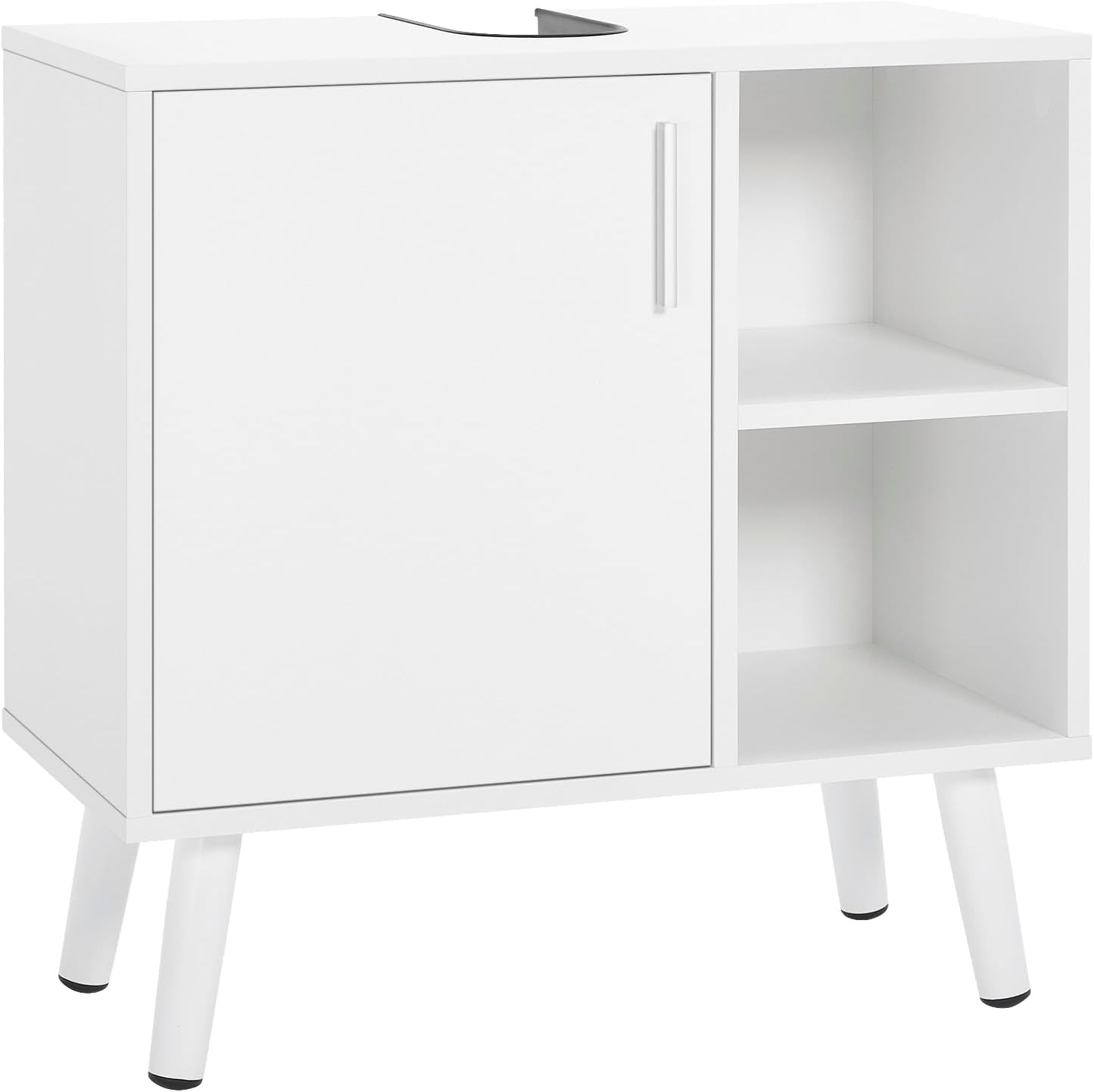 Meuble sous Lavabo avec Porte, Placard sous Évier avec 2 Compartiments Ouverts, Meuble sous Vasque Salle de Bain sur Pieds, en Bois d'Ingénierie, Blanc, 60x30x60 cm