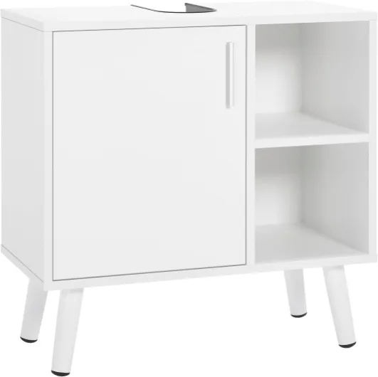 Meuble sous Lavabo avec Porte, Placard sous Évier avec 2 Compartiments Ouverts, Meuble sous Vasque Salle de Bain sur Pieds, en Bois d'Ingénierie, Blanc, 60x30x60 cm