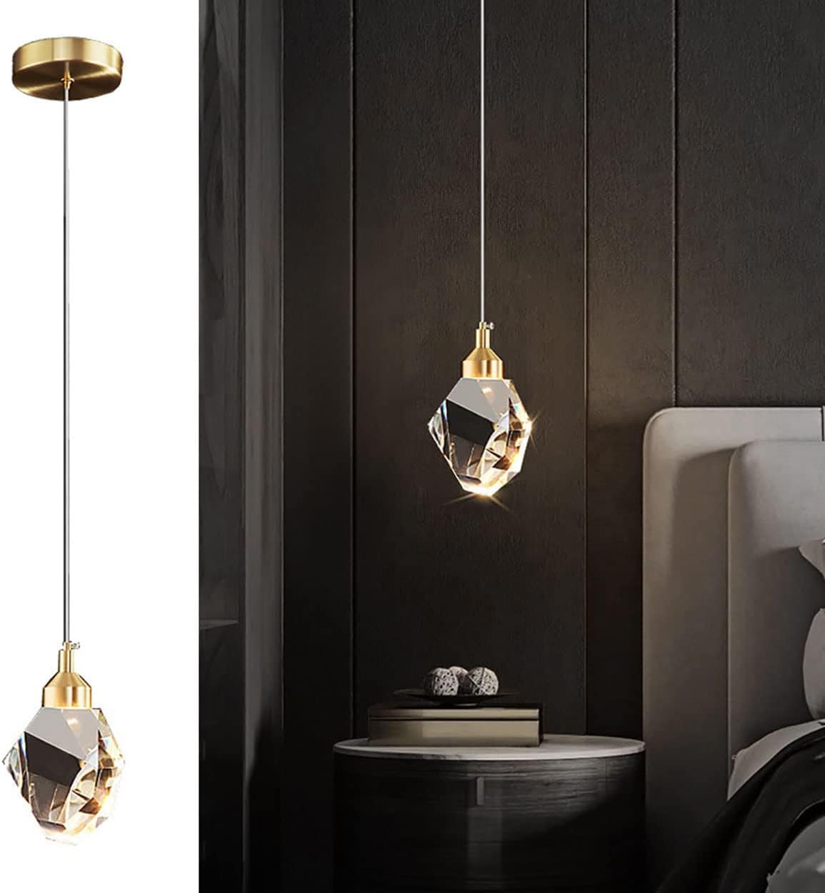 Suspension En Cristal Moderne, Suspension En Cristal LED 3 Couleurs, Pour îlot De Cuisine Chambre Salon éclairage De Salle à Manger (Or) Or 1-Head